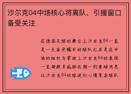 沙尔克04中场核心将离队，引援窗口备受关注